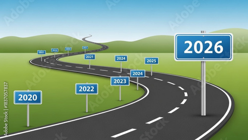 Road to the Future: A winding road stretches towards the year 2026, with milestones marking progress, symbolizing the journey of time and goal, an endless road with a clear vision.