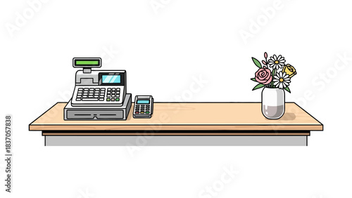 A counter with a cash register calculator and vase of flowers