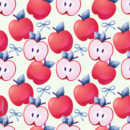 Seamless pattern of apple and ribbon. Blue and red tone color illustration. Suitable for wrapping paper, wallpaper, prints.