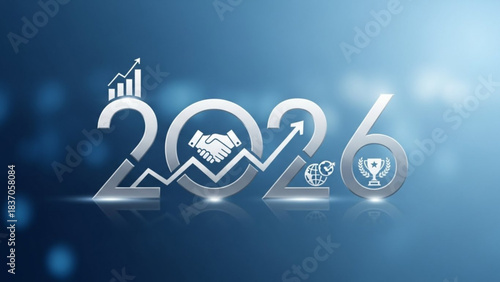 Business Outlook: A contemporary visual showcasing the year 2026, intricately adorned with icons of progress, partnership, and achievement, symbolizing future strategies and targets.