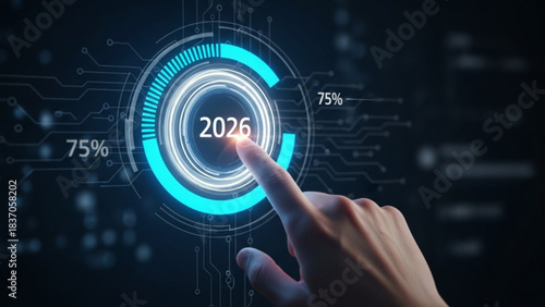 Digital Vision: An image of a hand touching the year 2026 on a digital interface, symbolizing the future and technological advancements.