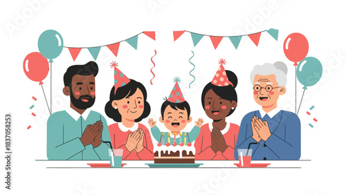 A family celebrates a childs birthday around a cake