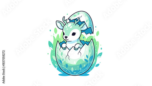 A fawn emerges from a cracked egg with leaves