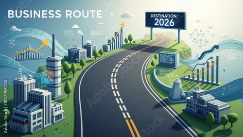 Navigating the Business Route: The image features a metaphorical journey towards future success, a winding road leading towards the Destination 2026.