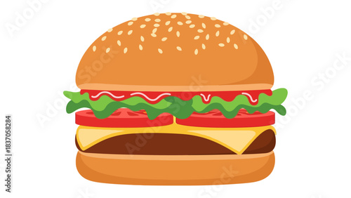 A flat illustration of a hamburger with sesame seeds on the bun