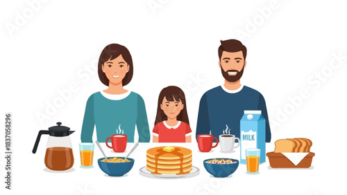 A family of three at a breakfast table with food and drinks