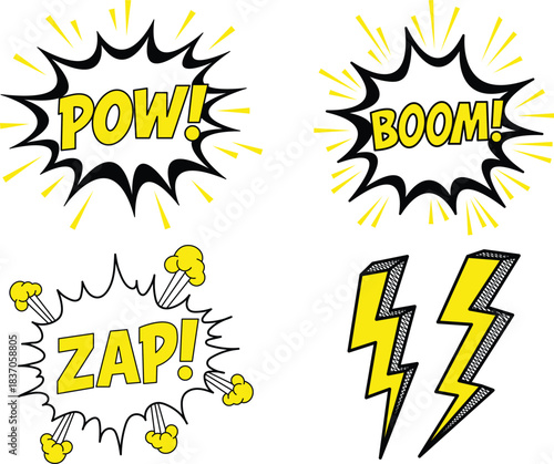 Classic comic action designs showcasing pow, boom, and zap explosions and energetic lightning elements in a powerful cartoon style