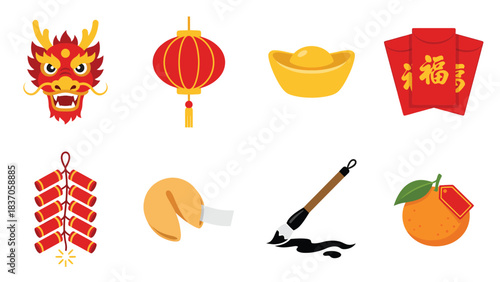 Chinese New Year Icons Set Dragon Lanterns Red Envelopes Fortune Cookie Firecrackers Gold Ingot Orange Calligraphy Brush Festive Celebration Graphics