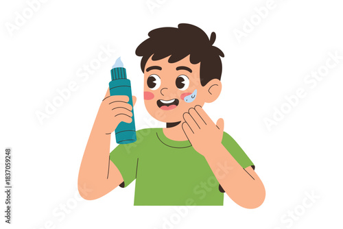 Boy applying skincare lotion routine for healthy skin illustration