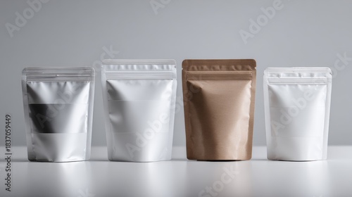 Set of metallic and kraft stand-up pouches on gray background for packaging mockup and branding concept