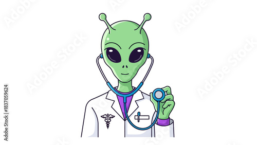 A green alien doctor wearing a lab coat and stethoscope