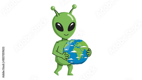 A green alien holding the Earth