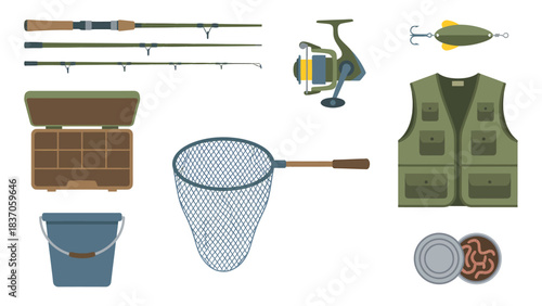Fishing Gear Flat Lay Rods Reel Lure Vest Tackle Box Net Bucket Bait Essential Collection for Anglers