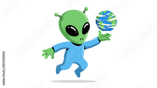 A green alien in a blue suit holds a fragmented blue and green planet
