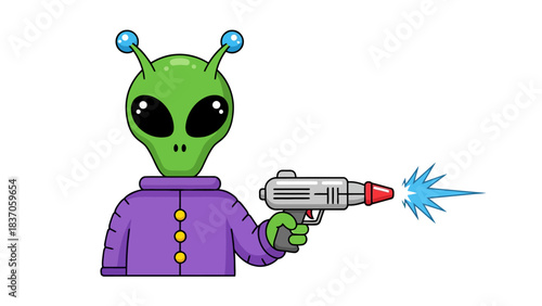 A green alien in a purple suit fires a ray gun
