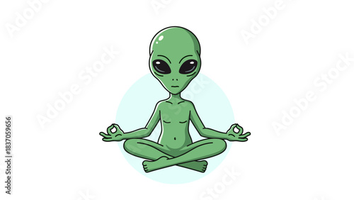 A green alien meditates in a lotus position on a white background