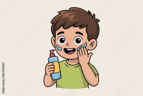 Boy skincare routine applying cleanser cartoon illustration tutorial