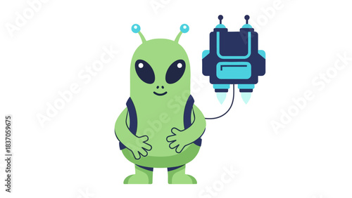 A green alien with a jetpack on a white background