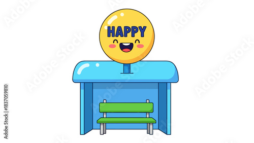 A happy face emoji sign above a blue bus stop with a green bench