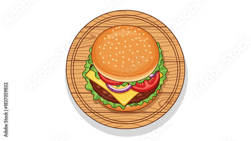 A juicy burger on a wooden board presented on a white background