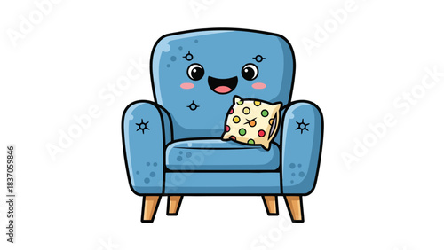A kawaii cartoon armchair with a happy face and a polka dot pillow