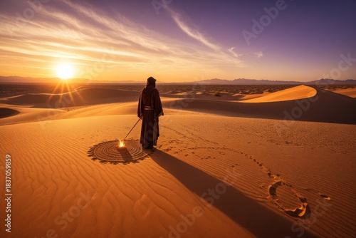Wüstenmeditation mit steinernen Symbolen bei Sonnenaufgang