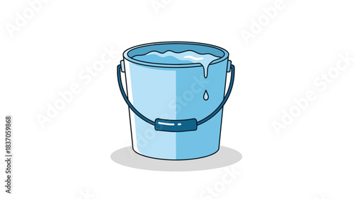 A light blue bucket overflowing with water with a drop falling from the side