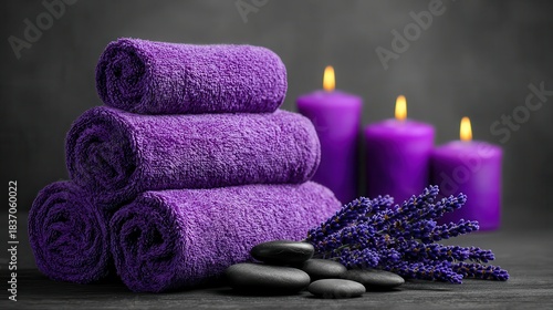 Purple towels candles spa setting