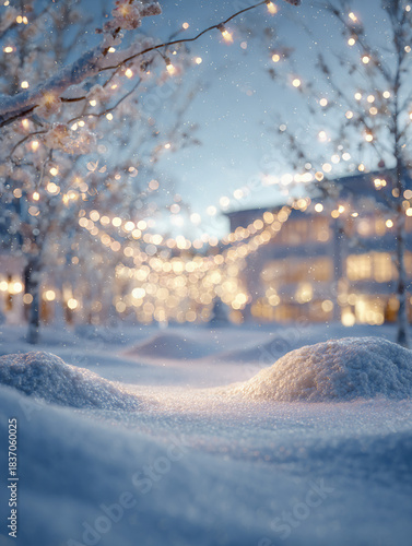 Magical Snowy Outdoor Scene – Soft Snow Foreground and Christmas Lights
