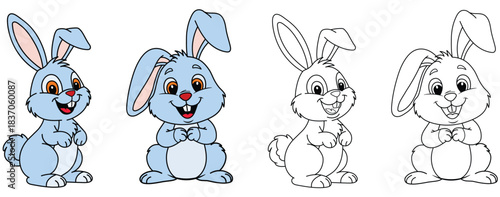 Adorable bunny collection showing cheerful pastel characters paired with matching outline versions for creative activities