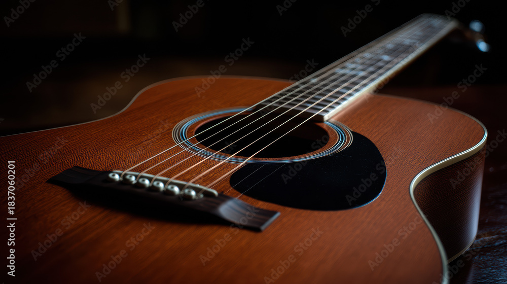 Fototapeta premium Captivating close-up showcases a beautiful acoustic guitar with warm wood tones and a sleek black pickguard, promising melodies and musical inspiration today.