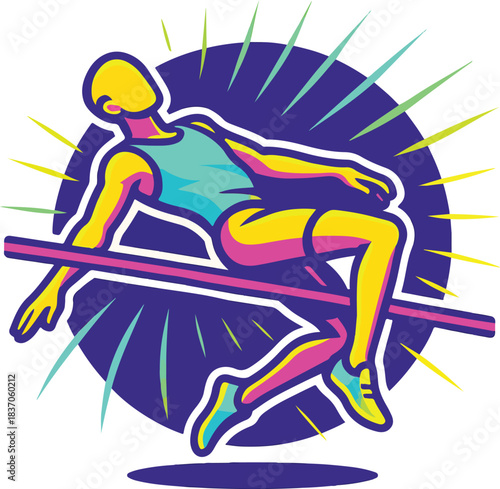 Athlete clearing high jump bar with colorful abstract background