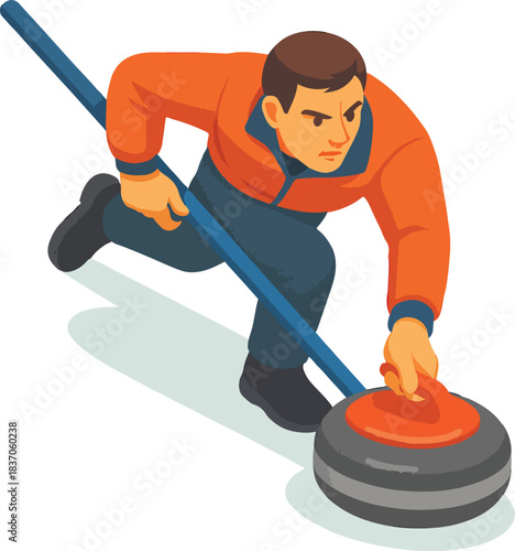 Athlete Pushing Curling Stone with Broom sport player