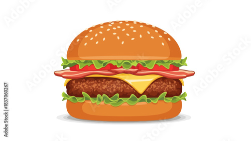 A pixel art hamburger with sesame seed bun lettuce tomato bacon cheese and patty