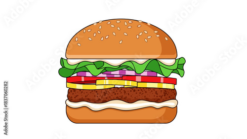 A pixel art hamburger with sesame seeds lettuce onion tomato and cheese