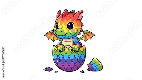 A rainbow baby dragon emerges from a cracked egg