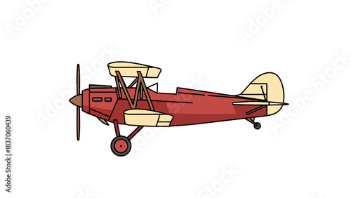 A red biplane with creamcolored wings and tail on a white background