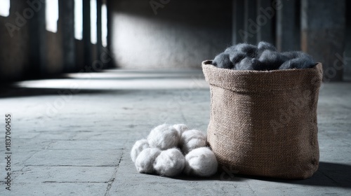 Wallpaper Mural Cotton balls and natural fibers in sack on stone floor for textile product branding or organic raw material visuals Torontodigital.ca