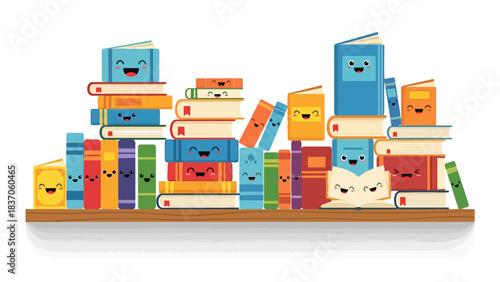 A shelf of colorful smiling cartoon books with faces