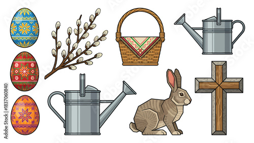 Isolated Easter Objects Collection Decorative Eggs Bunny Pussy Willow Basket Watering Can Cross Festive Spring Holiday Graphics