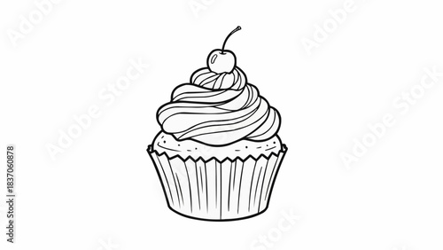 Hand Drawn Sketch of a Delicious Cupcake with Cherry on Top.