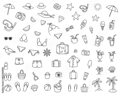 
 Vector illustration showcasing summer vacation doodles, including beachwear, tropical drinks, and sun icons. Ideal for design projects celebrating beach holidays
