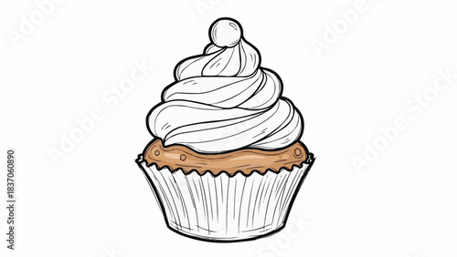 Hand drawn sketch of a delicious cupcake with swirled frosting.