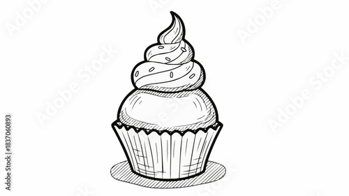 Hand drawn sketch of a delicious cupcake with swirled frosting.