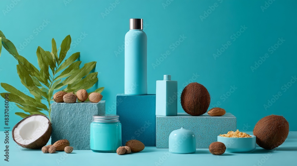 Naklejka premium Blue cosmetic bottles and coconut skincare display for tropical wellness branding product advertisement packaging presentation visuals beach concept background design