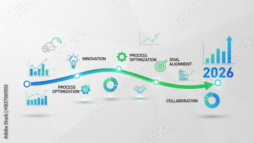 Strategic Business Vision 2026: An illustrated business timeline, charting a course toward innovation, optimization, and collaboration, leading to strategic goals set for the year 2026.