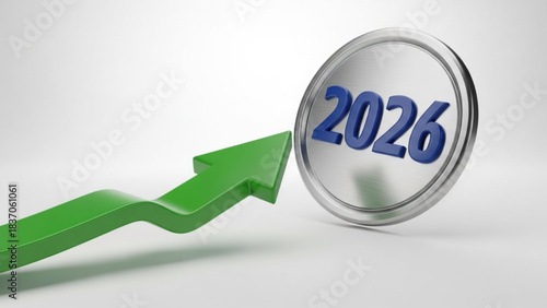2026 and Growth Arrow: A vivid depiction of future goals and projections with a 2026 coin, accompanied by a dynamic green arrow climbing upwards, symbolizing advancement and progress.