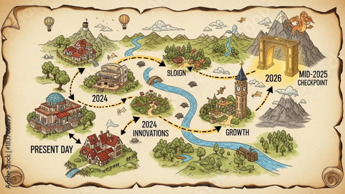 Journey to Success: An imaginative map charting the course of innovation and growth, visualizing the path from the present to future success, a roadmap of achievement.