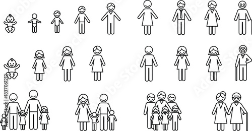 Life stages and family structures represented by stick figures