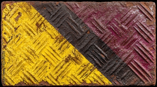 Diagonal metal plate with weathered paint, vibrant colors, abstract texture